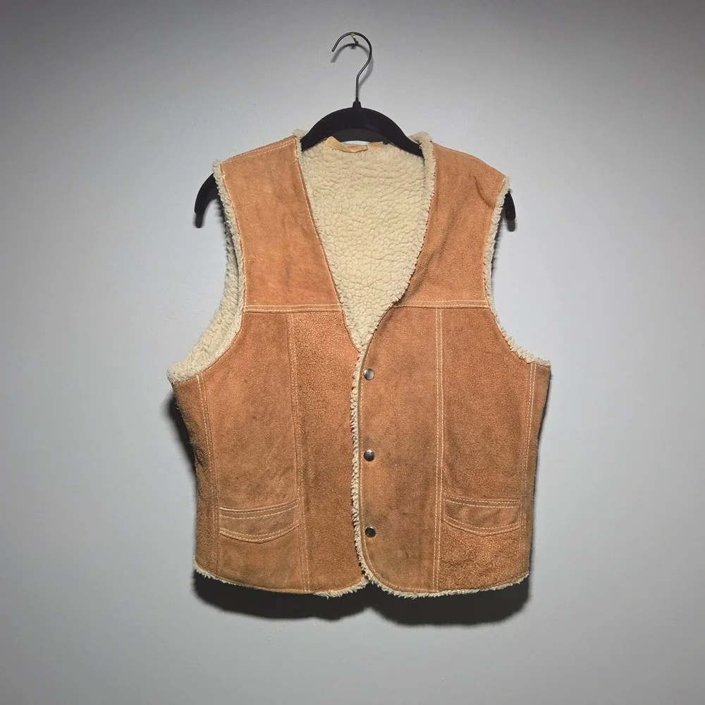 Vintage 70s Leather Suede Vest L Brown Tan Faux Shearling Lined Western Rancher